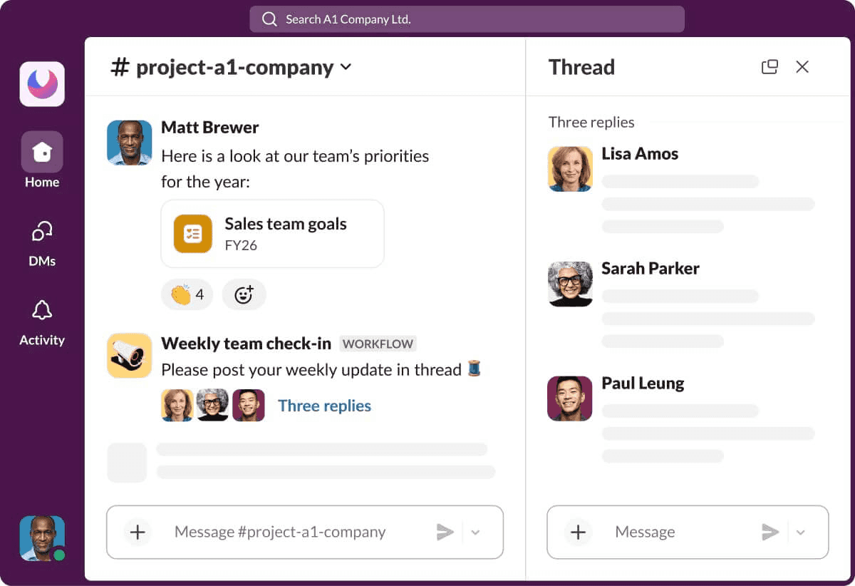 The desktop interface of slack in 2025, a popular team collaboration platform