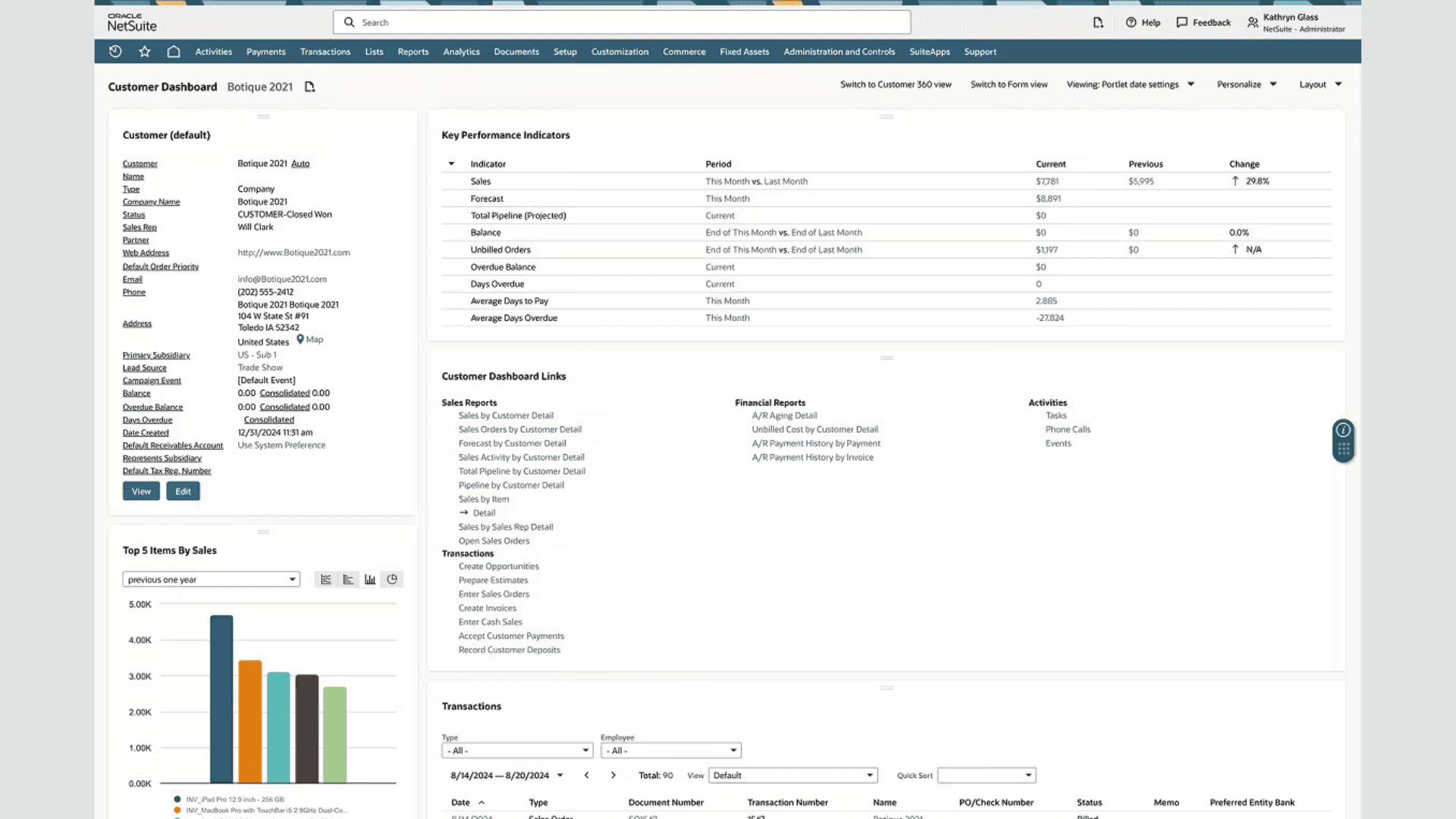 Netsuite CRM’s homepage showing KPIs and important customer info