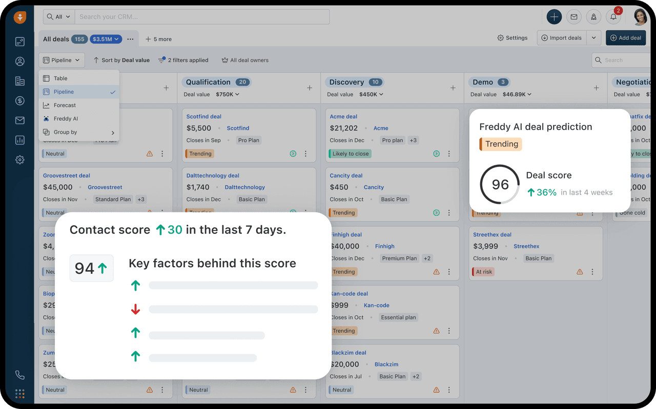 Freshsale's interface for contact management