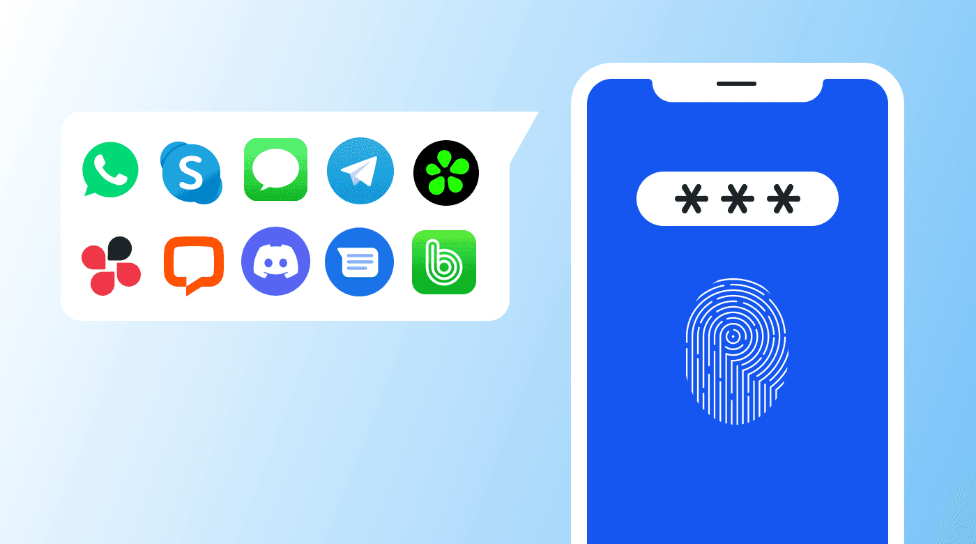 A graphic showing different messaging apps next to a smartphone with a fingerprint scanner icon.