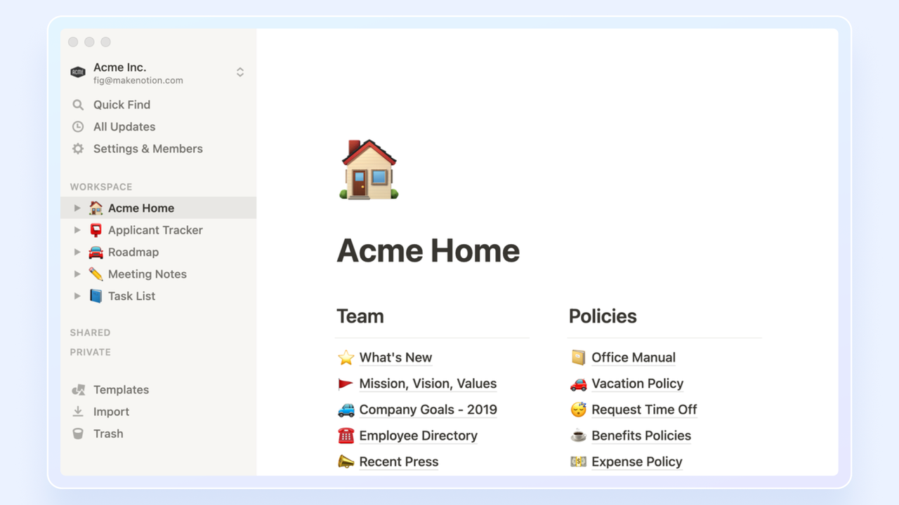 Notion's home interface