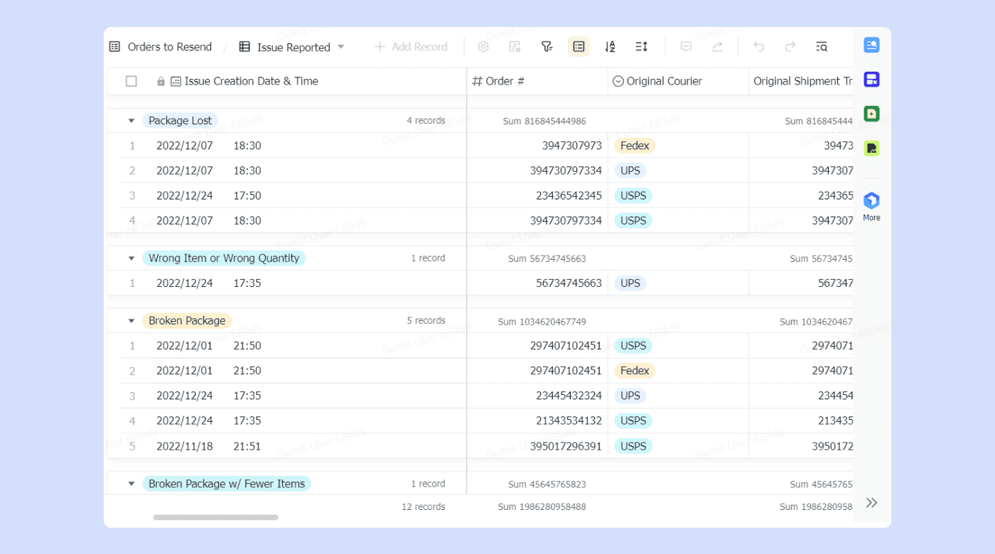 A table from Lark’s customer service management software