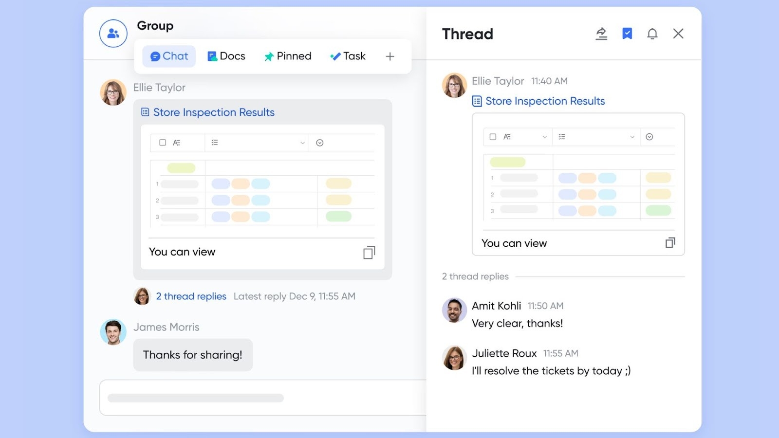 A team's feedback on documents using threads