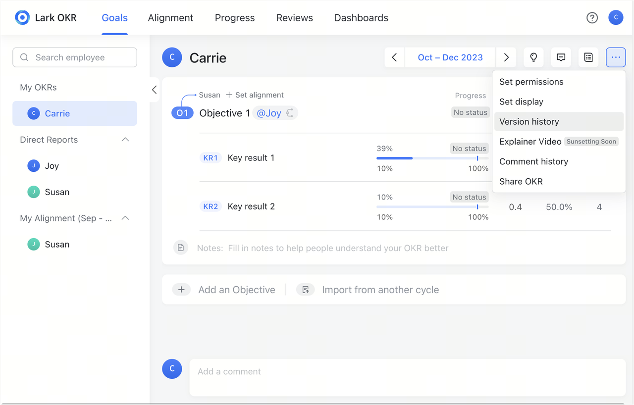 Lark OKR tracking campaign objectives and team KPIs