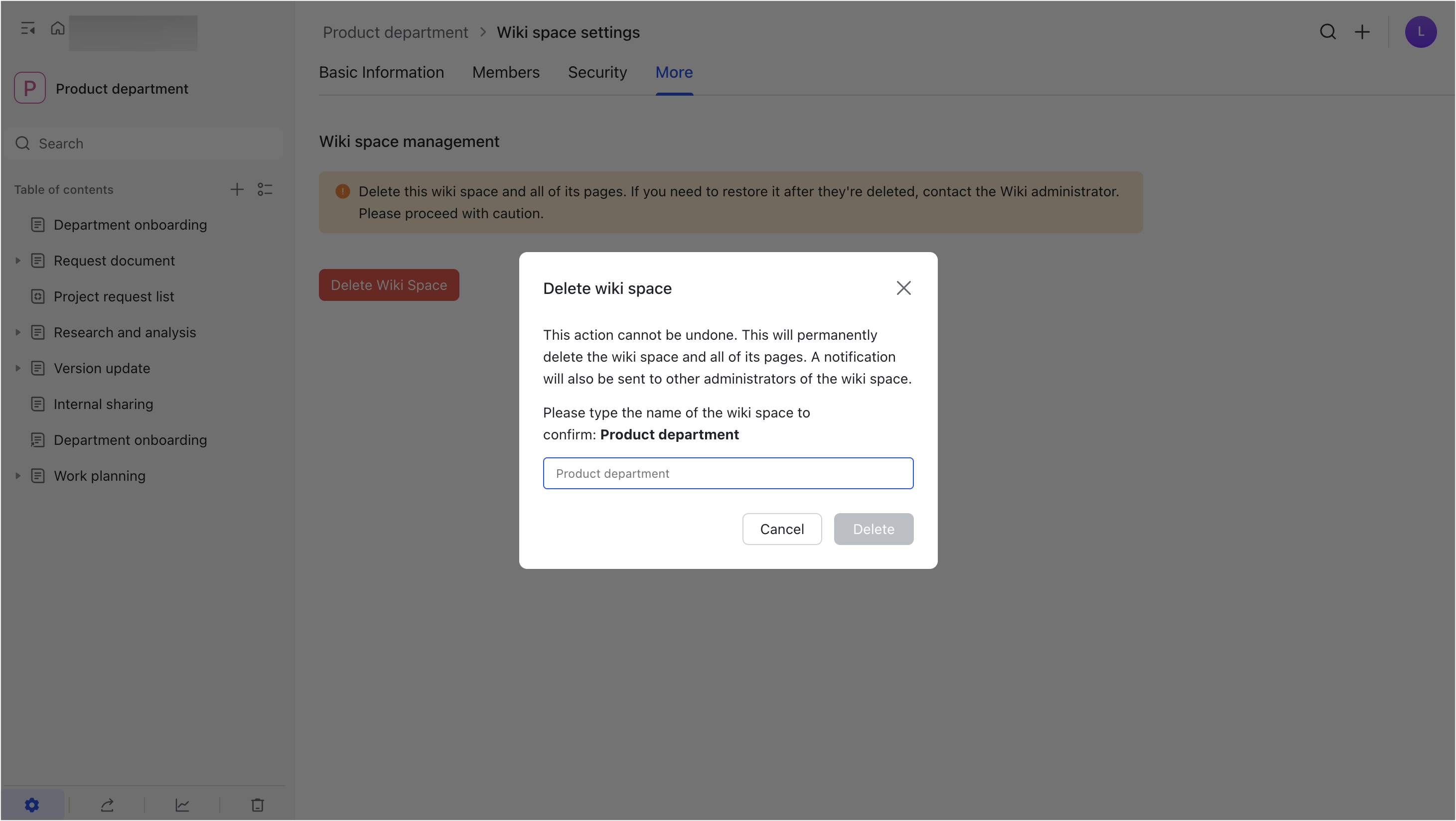 Delete and restore wiki spaces