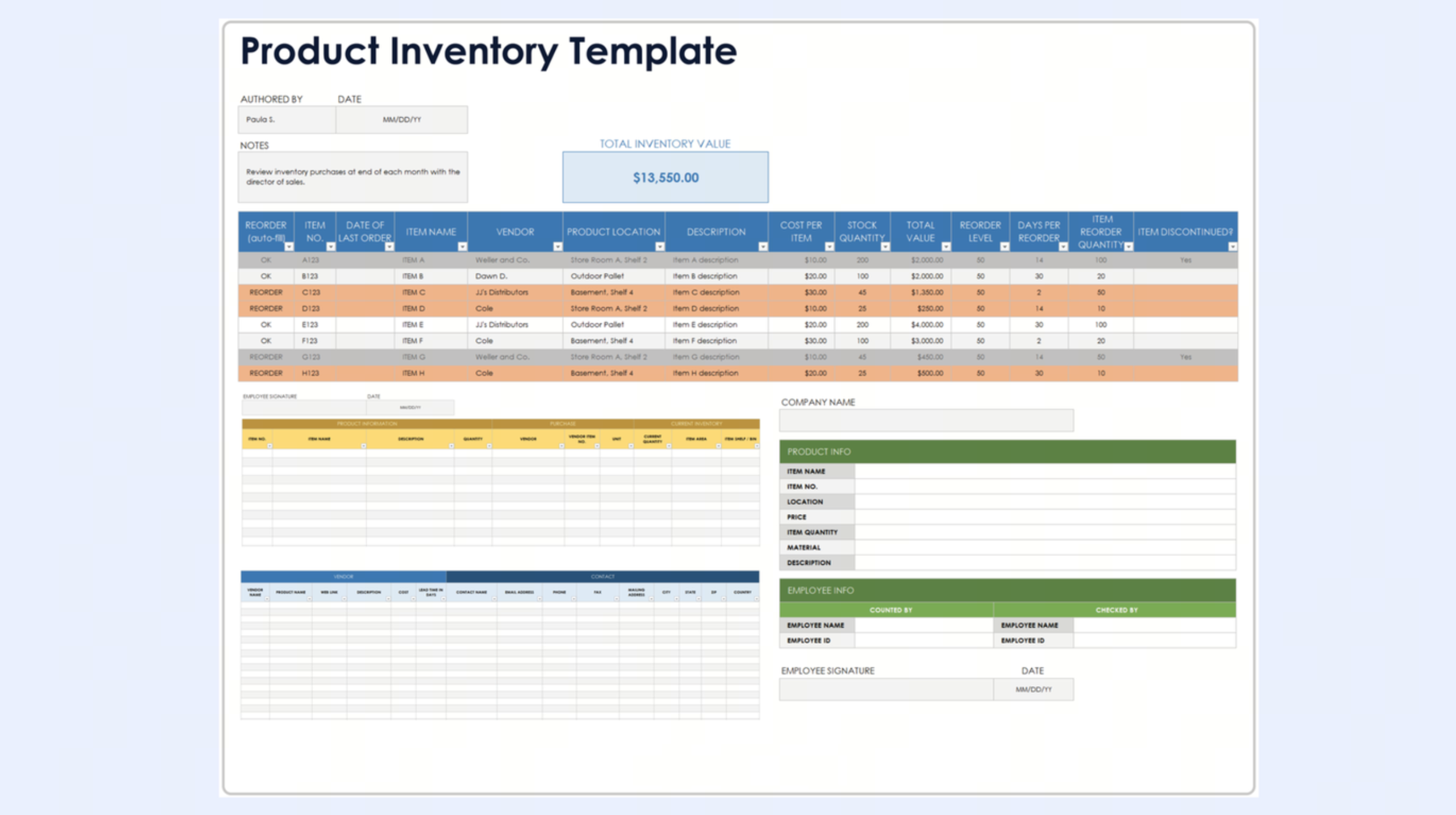 Product tracking spreadsheet template for inventory