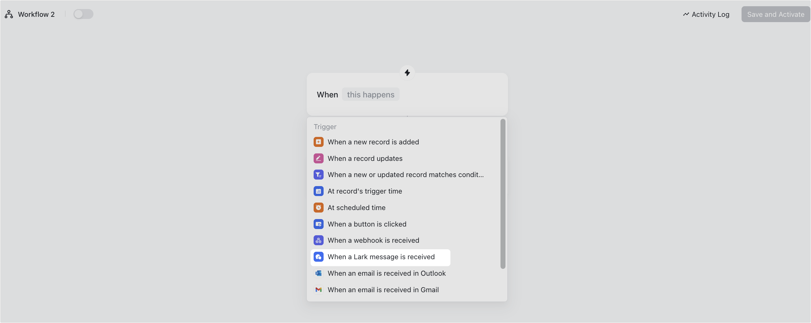 Set receiving Lark messages as a trigger in Workflow and Automations