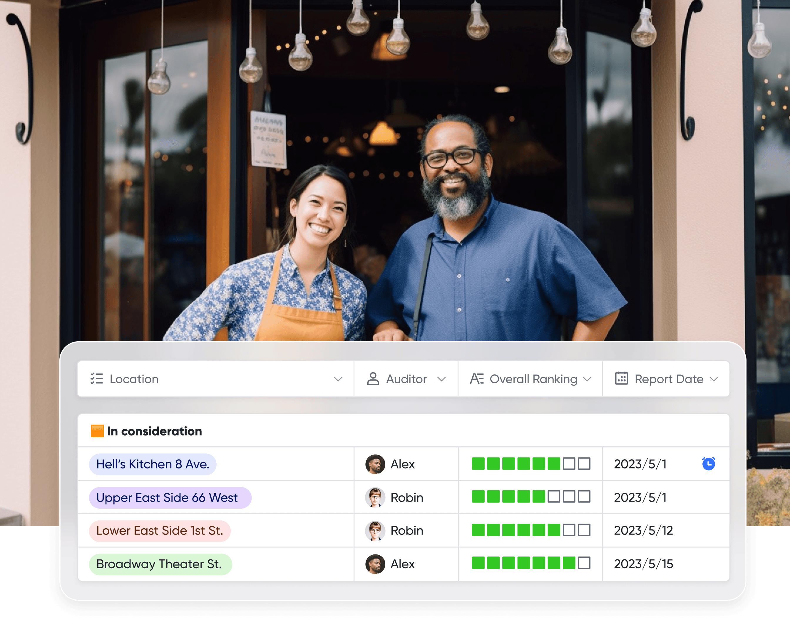 Opening a restaurant checklist with step 1 being location selection. Two restaurant owners happily welcome customers on the first day of opening, with a detailed location evaluation chart underneath that helps these two owners find their new location.