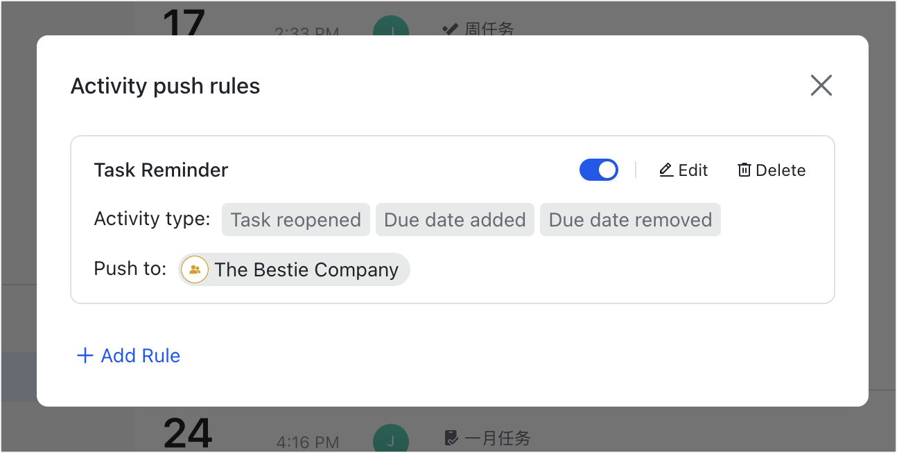 View task list activities and configure push notification rules