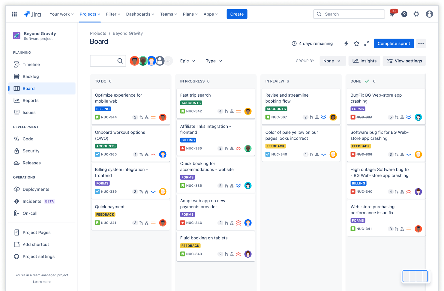 Jira Sprint board interface showing columns for tasks and issues
