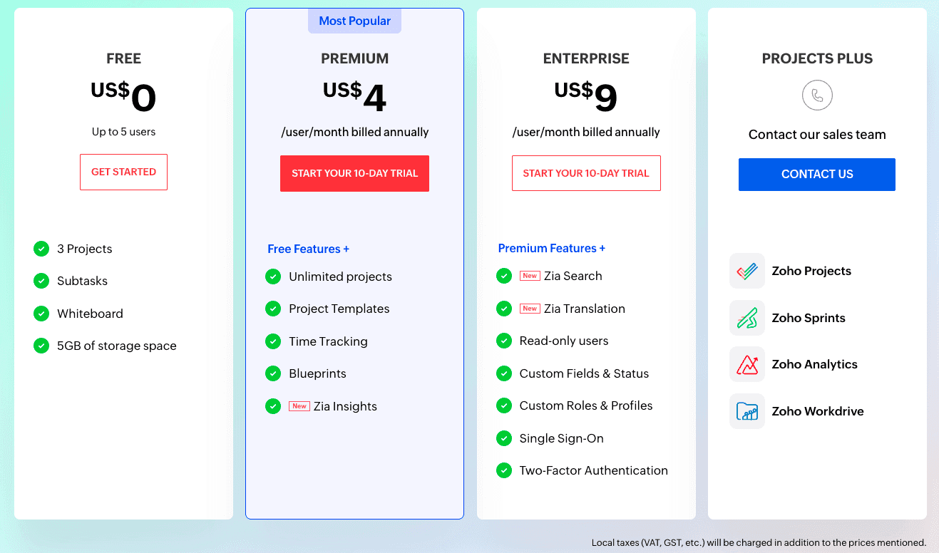 Screenshot of Zoho Projects pricing page