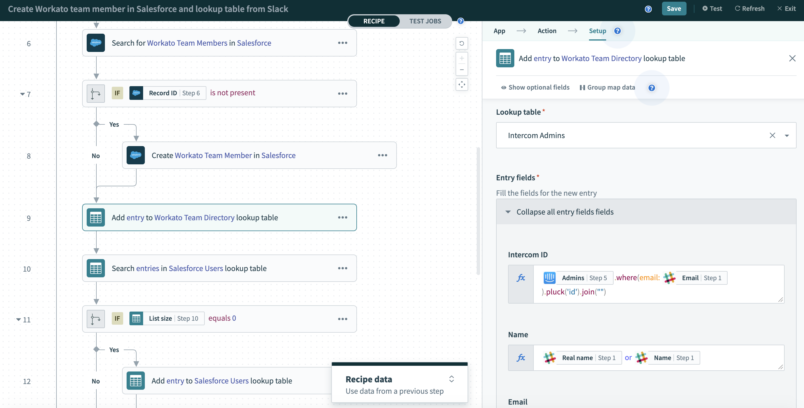 Workato recipe builder showing enterprise-grade workflow automation