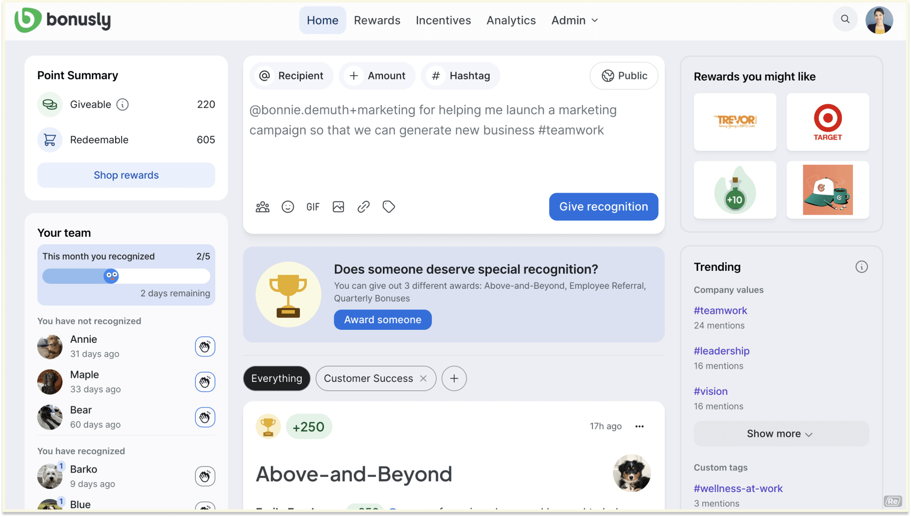 Bonusly peer-to-peer recognition platform