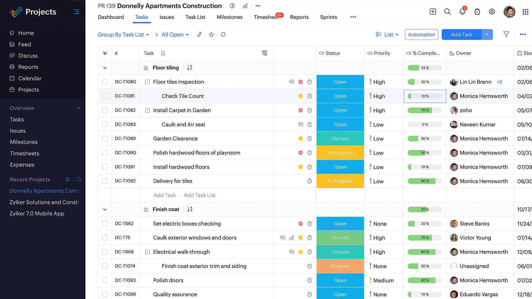 Zoho Projects task list and status view