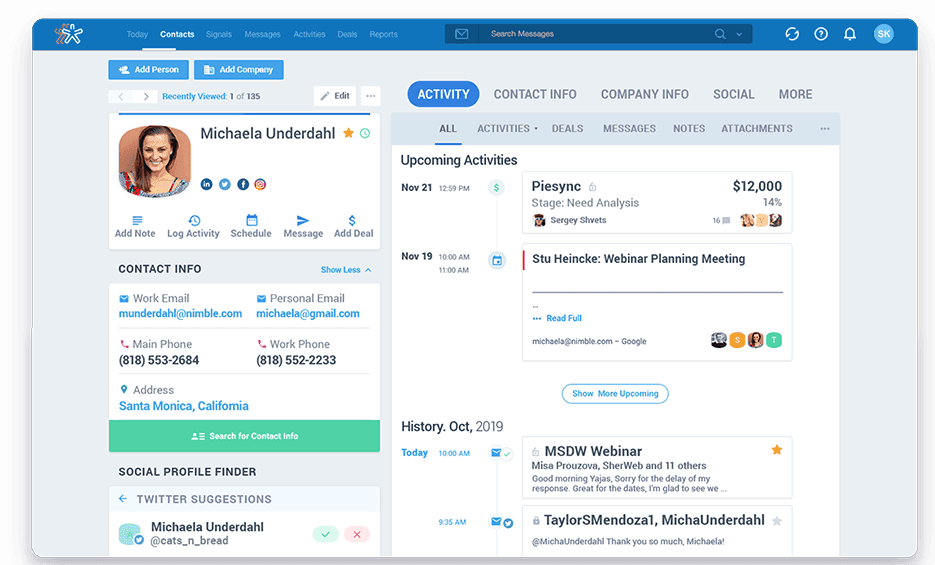 Nimble CRM's interface with the activity tab open