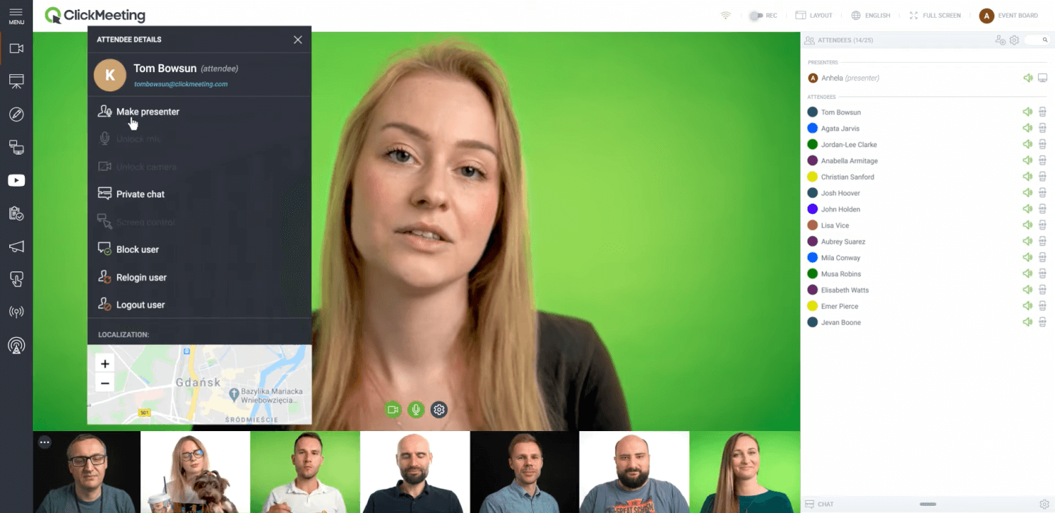 ClickMeeting webinar dashboard showing attendees, chat, and screen sharing