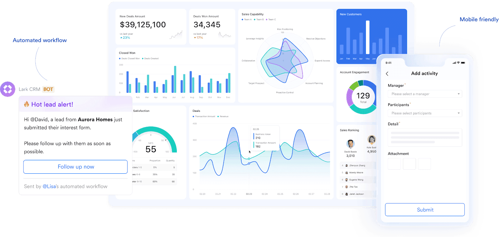 Lark's mobile CRM with automated workflows and dashboards
