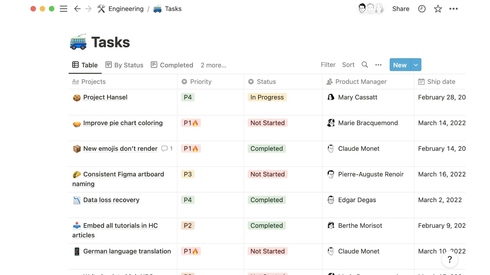 Notion’s task tracking and project management workspace table.