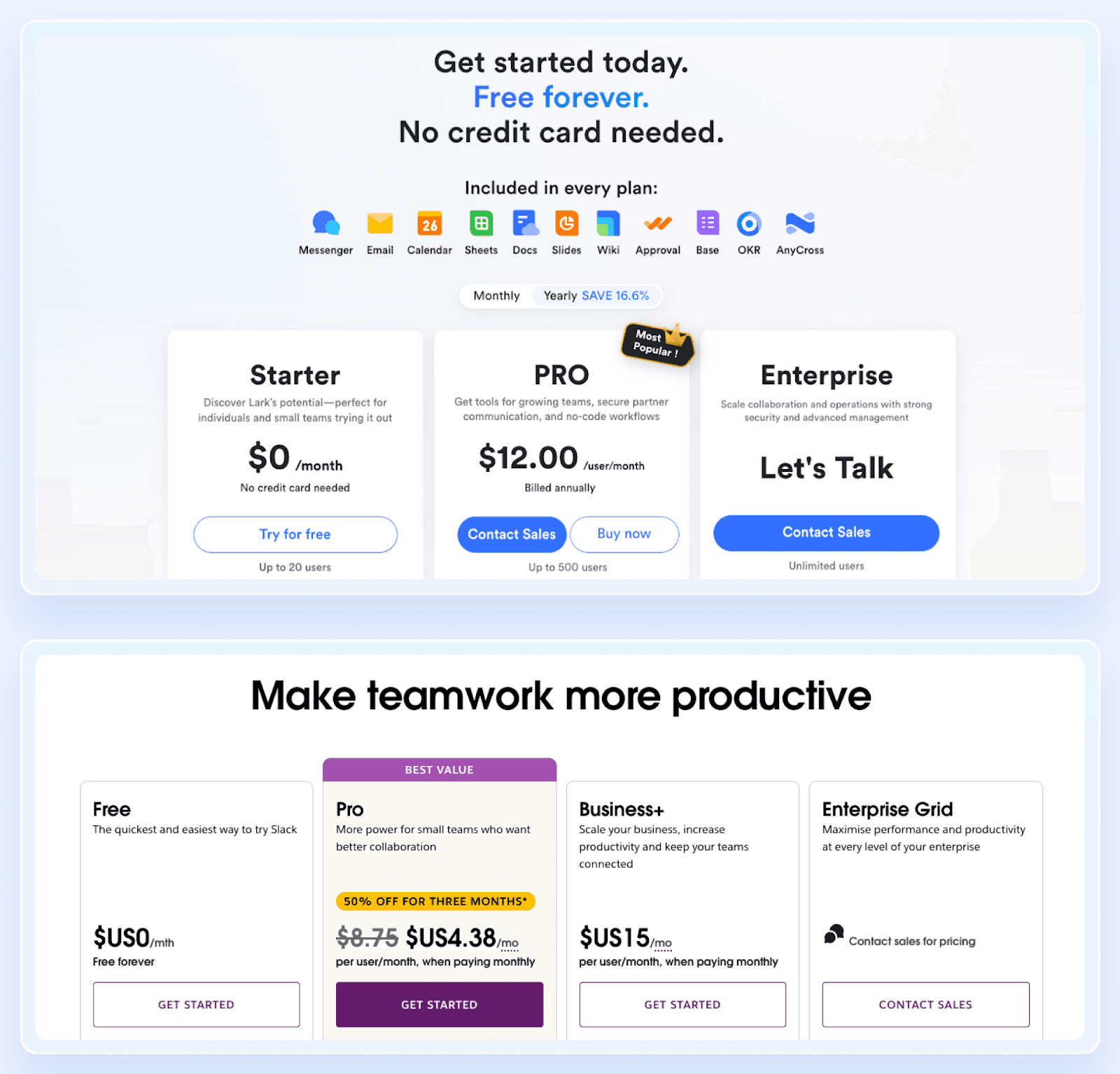 Lark vs Slack’s pricing plan as of April 2025&nbsp;