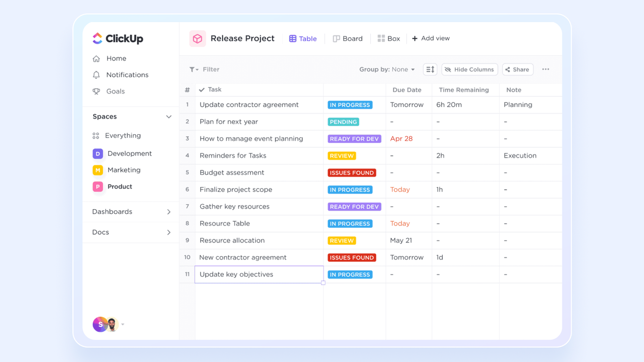 ClickUp's main interface with a table opened