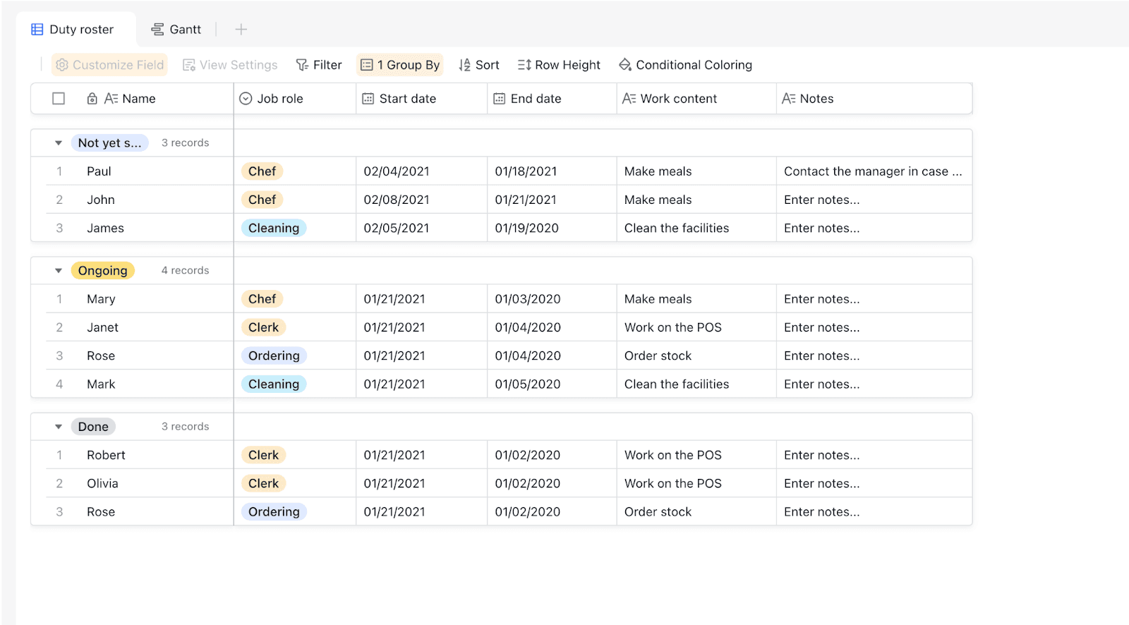 Lark Base is used to create a duty roster, which can be organized by status