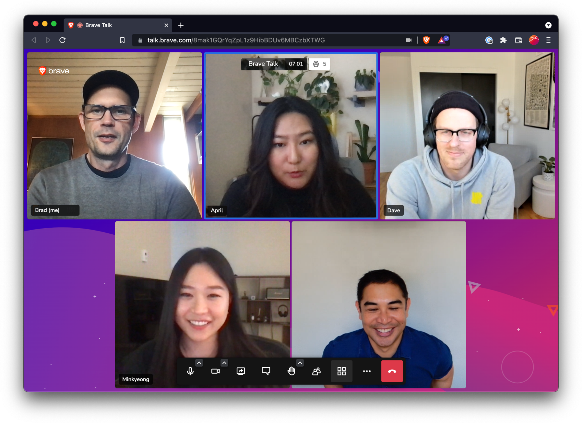Brave Talk meeting interface showing participants and screen sharing