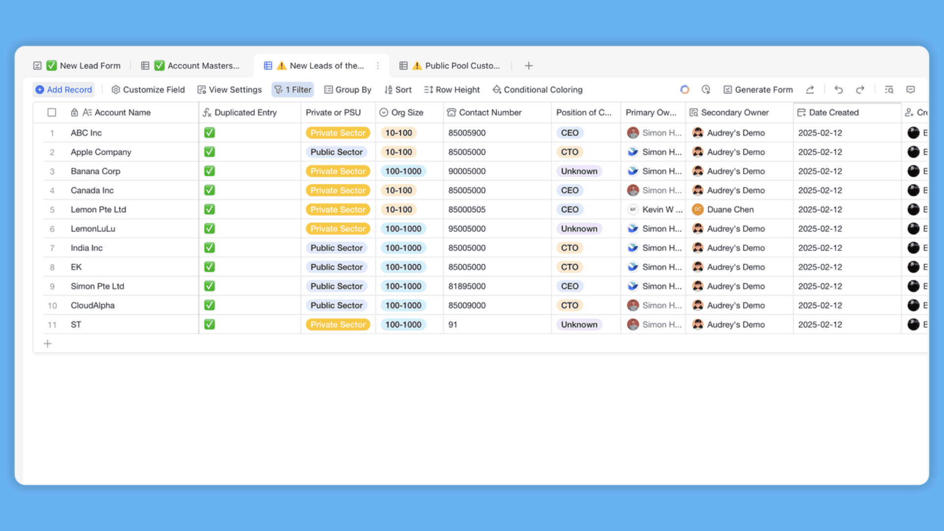 A table for organizing leads, showing key details like position and company size
