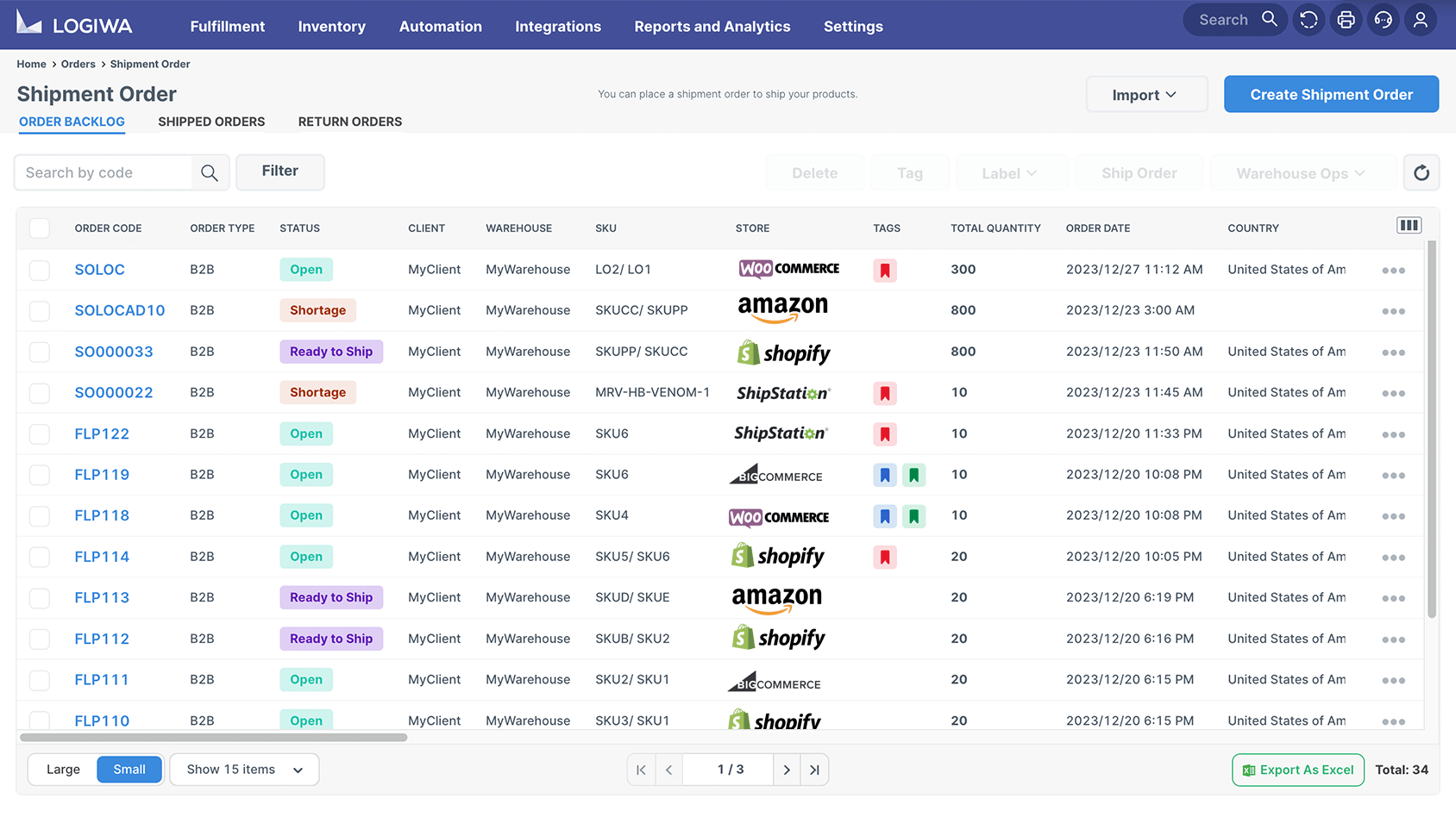 Logiwa WMS dashboard showing orders, inventory levels, and fulfillment workflow