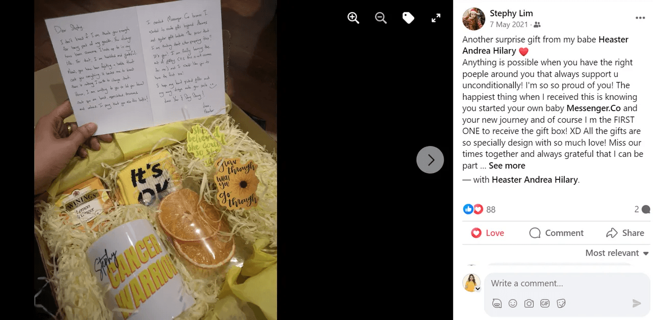 Facebook post of a curated gift by MessengerCo from Heaster to a dear friend fighting cancer.