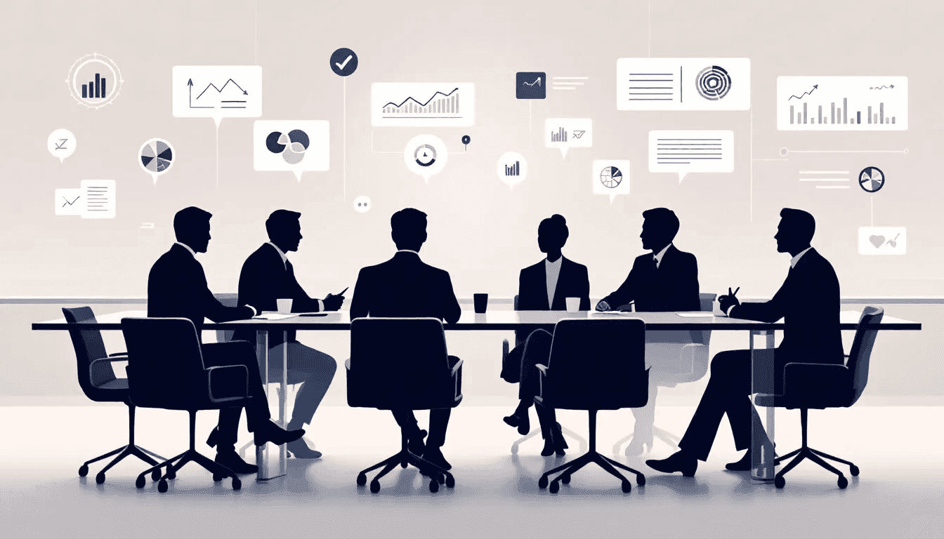 A group of board members discussing meeting minutes during a board meeting.