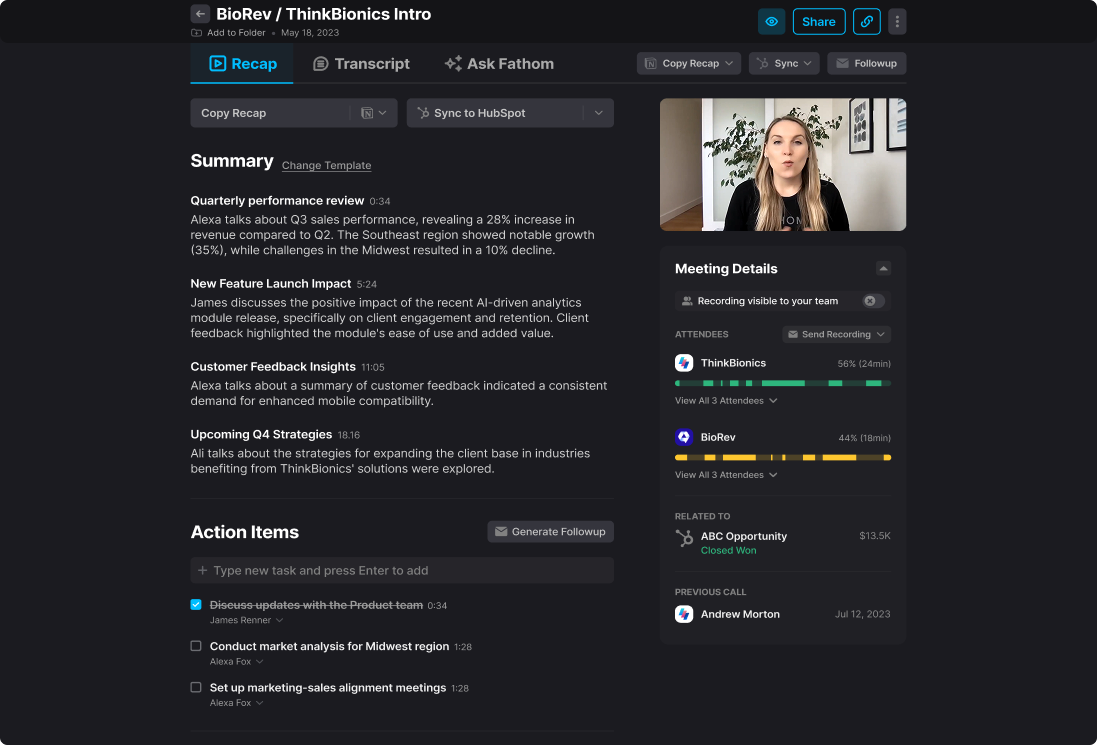 Fathom AI meeting summary with highlights, action items, and CRM sync