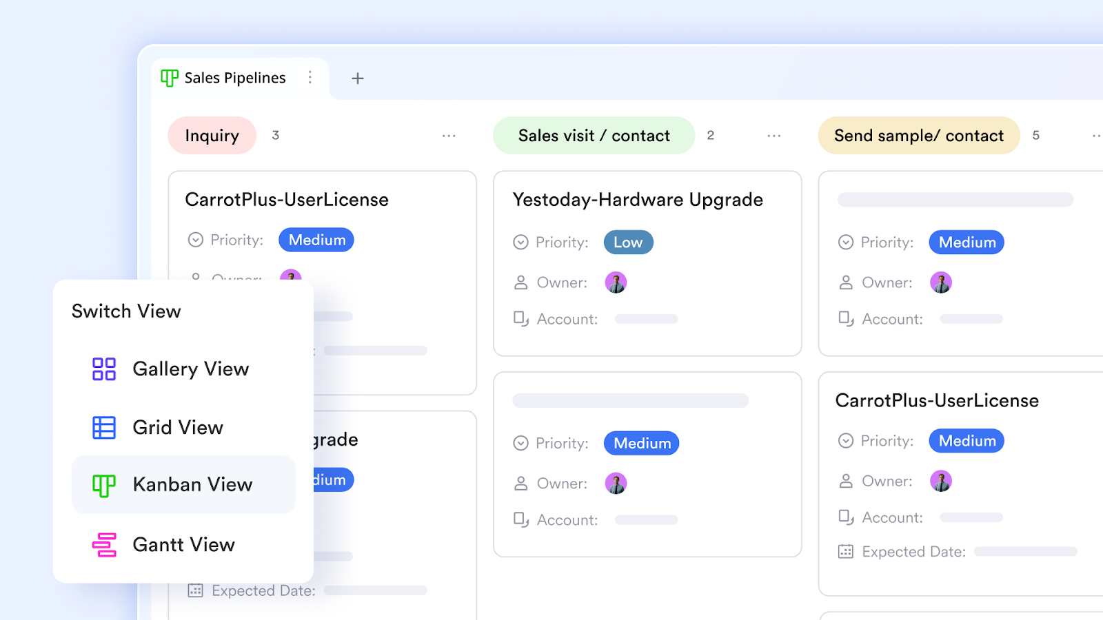 Lark Base Kanban view, with columns, cards, and swimlanes.