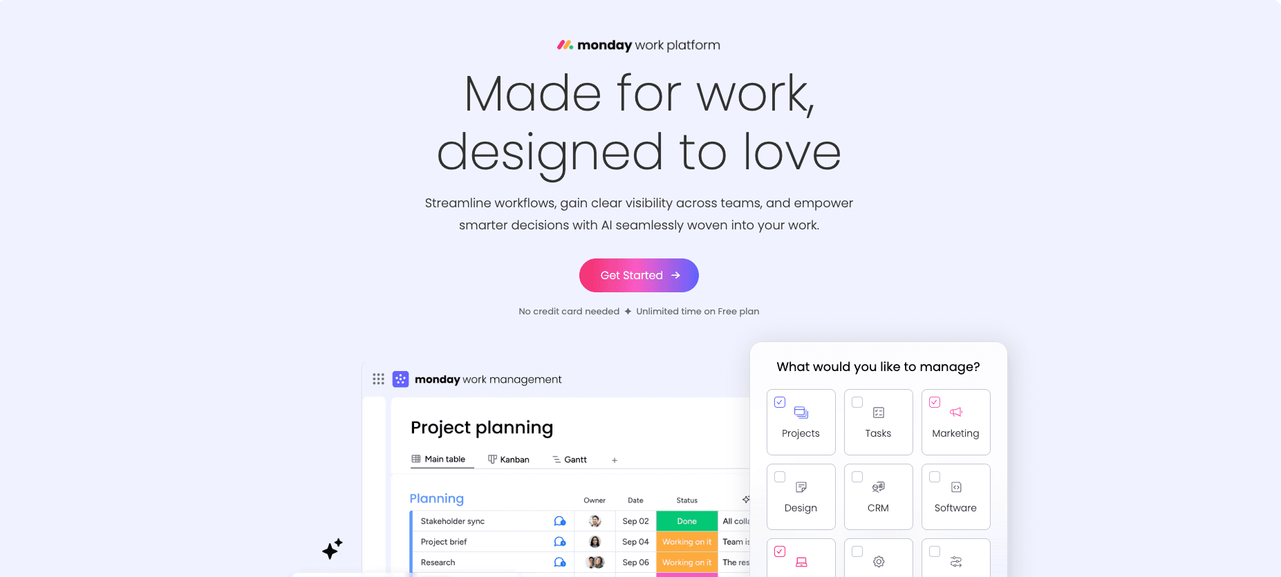 Monday.com's website homepage that shows their main interface