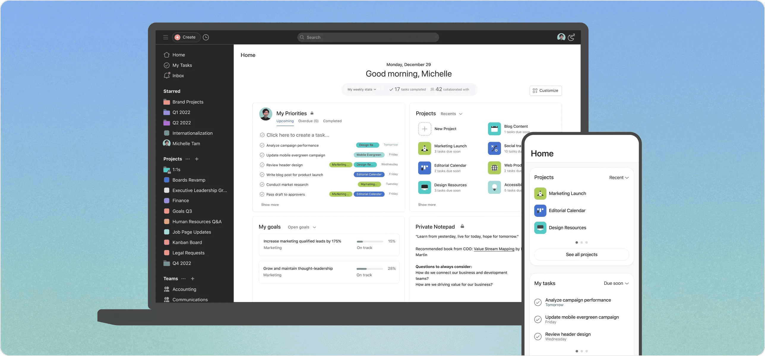 Asana's desktop and mobile apps