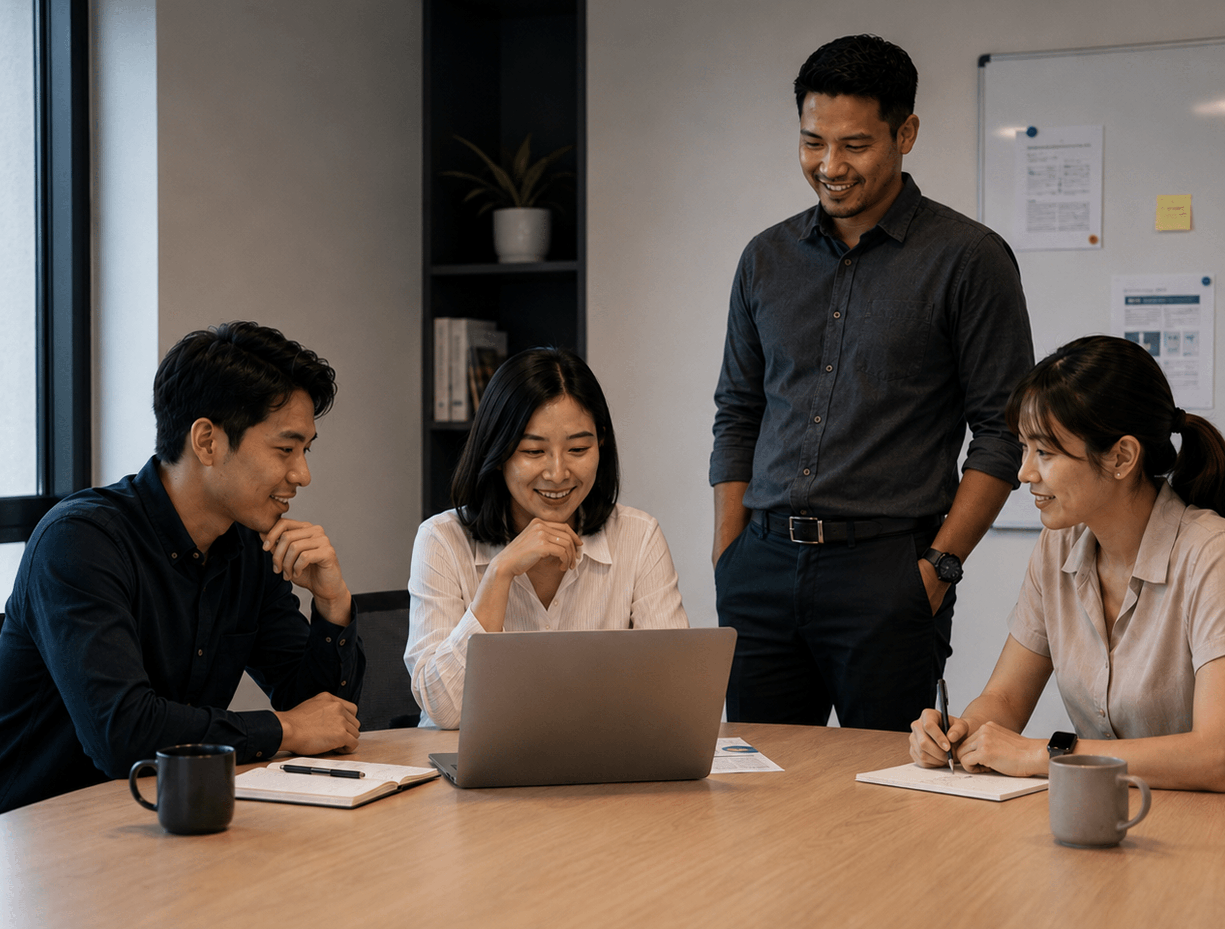 A small team gathering around a laptop to collaborate