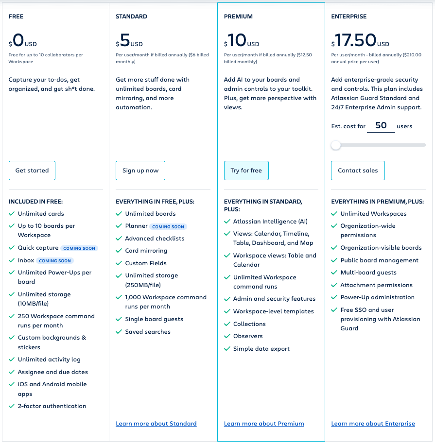 Trello plans comparison table
