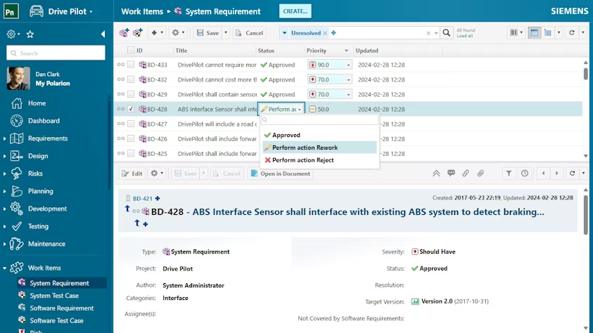 Interface of Polarion being used as an automotive requirements management software