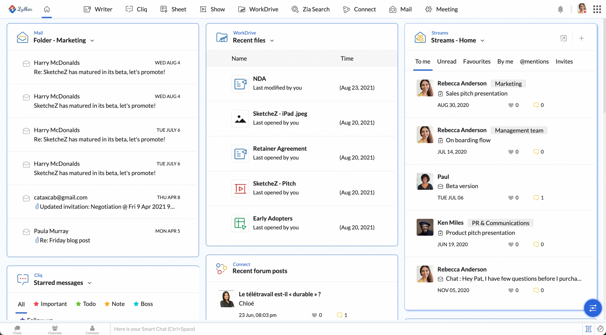 Zoho Workplace dashboard showing Writer, Sheet, and Mail apps