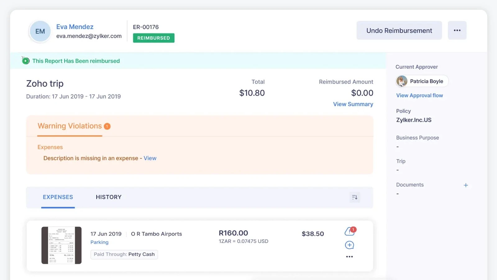 Zoho Expense helps in expense tracking for small businesses