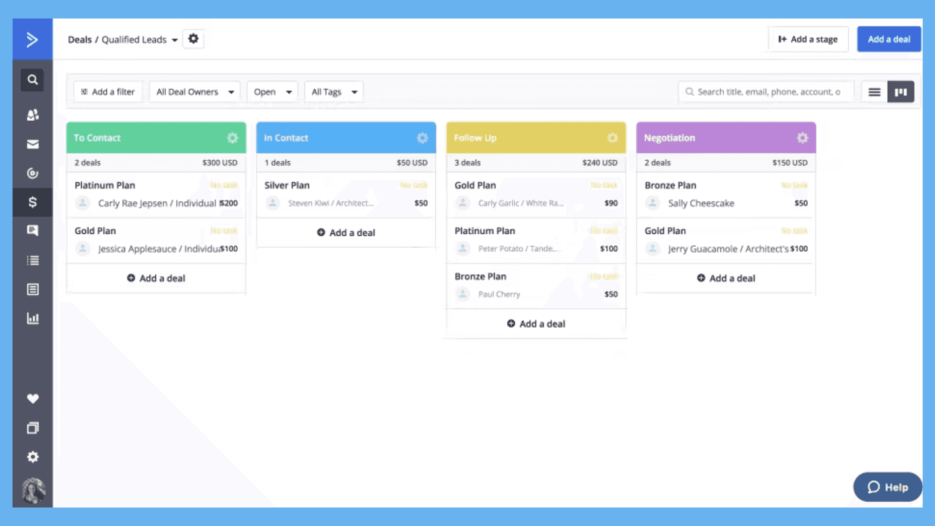 ActiveCampaign’s interface for qualified leads in kanban-style