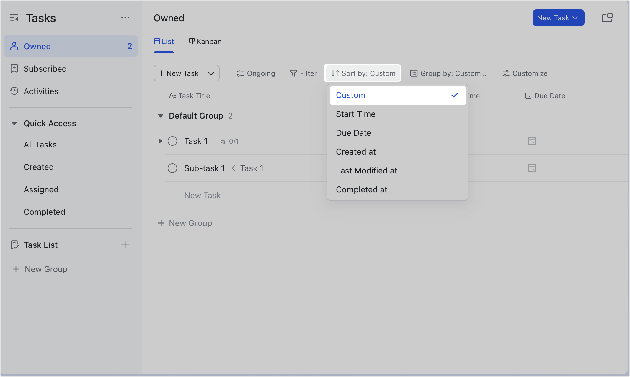 Adjust the display of the list of a task