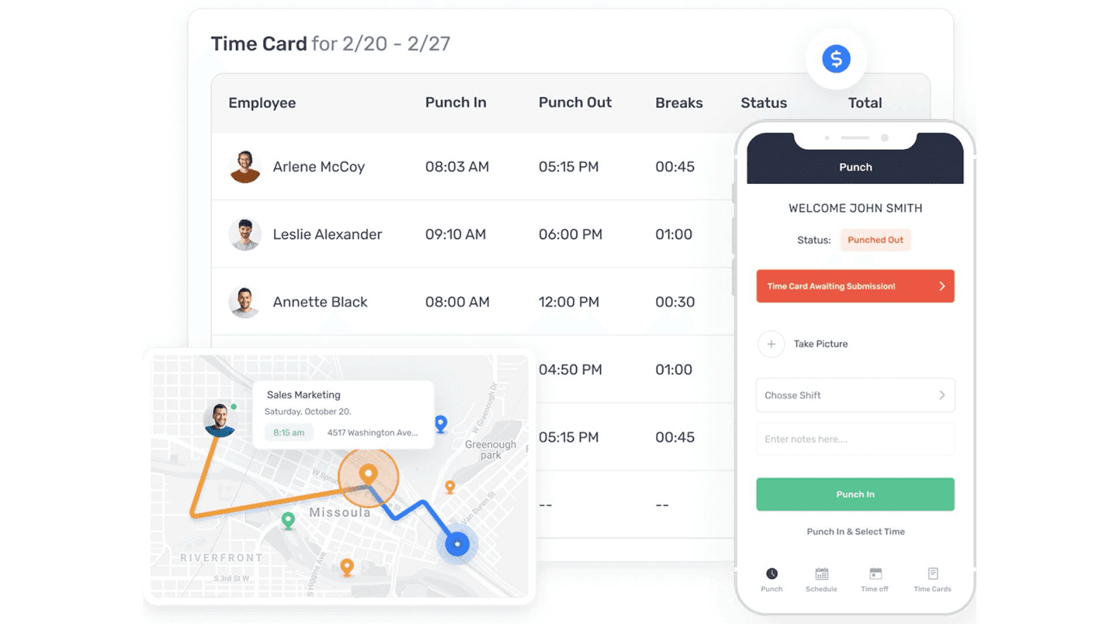 Buddy Punch’s time tracking dashboard and mobile app