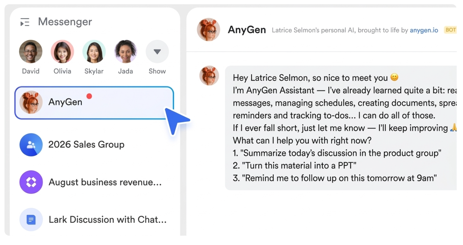 Once setup is complete, use AnyGen AI Assistant in Lark