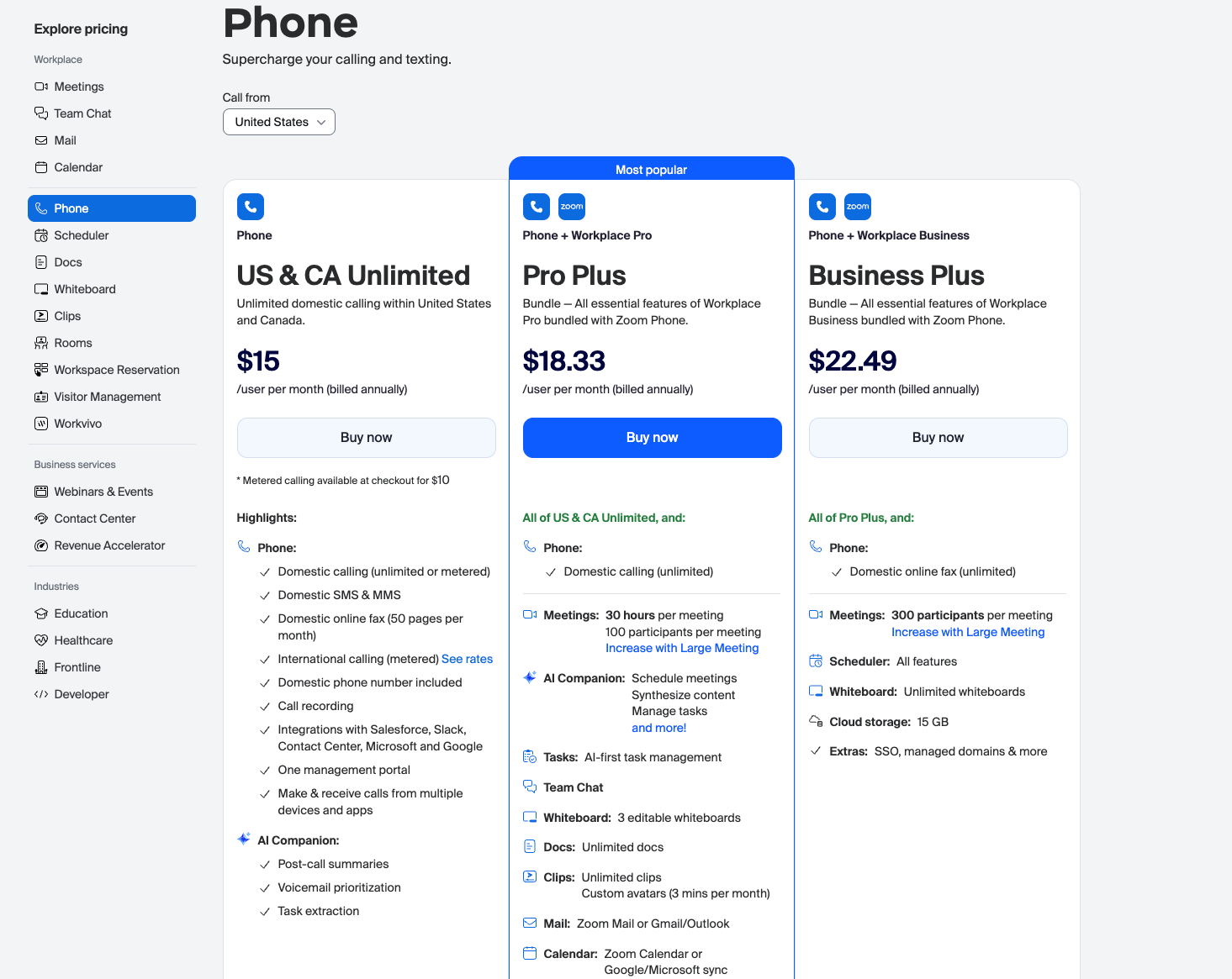 Zoom Phone pricing plans