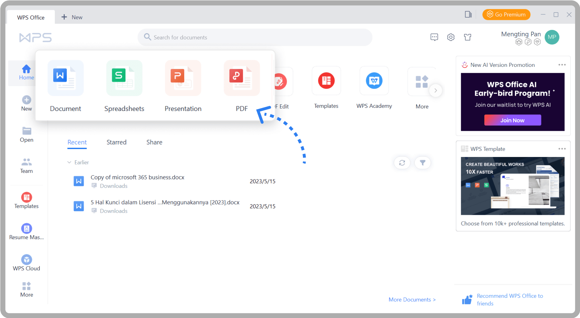 WPS Office dashboard for desktop