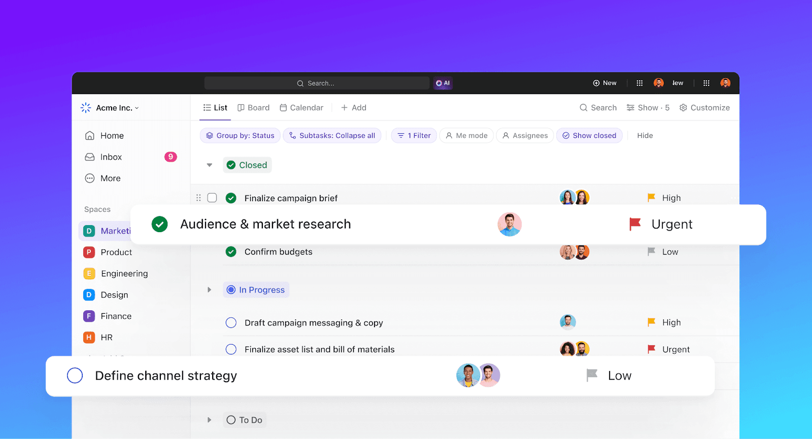 The interface of ClickUp showing a list of tasks&nbsp;&nbsp;
