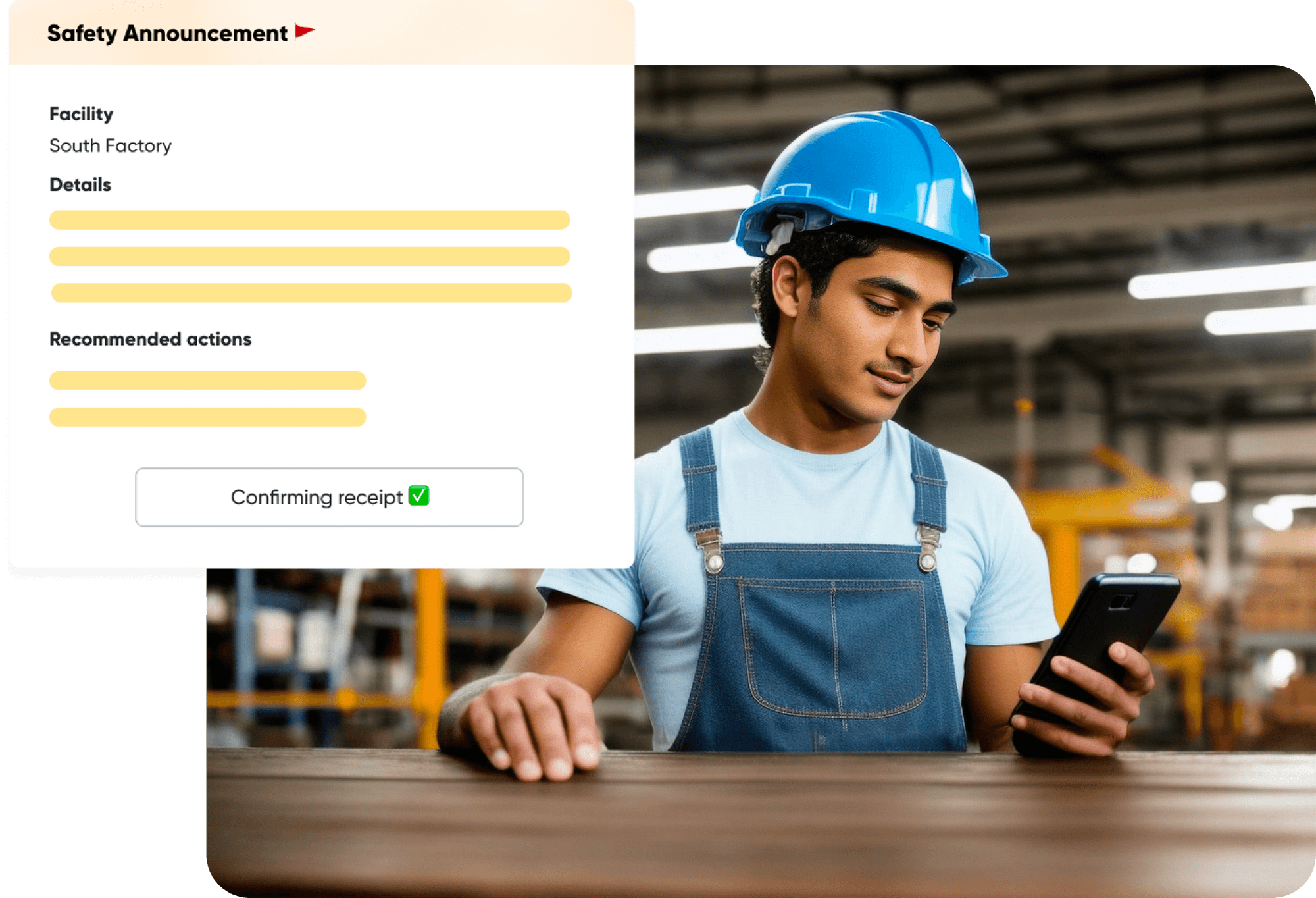 A male factory worker receives the latest safety announcement that are sent in bulk from Lark to all facility employees. 