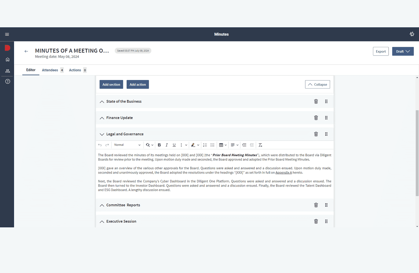 Interface of Diligent Boards meeting minutes