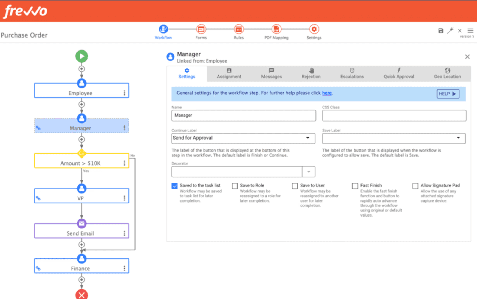 Interface of frevvo, which can serve as a document workflow approval app