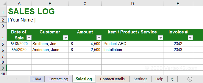 Vertex42 sales log spreadsheet